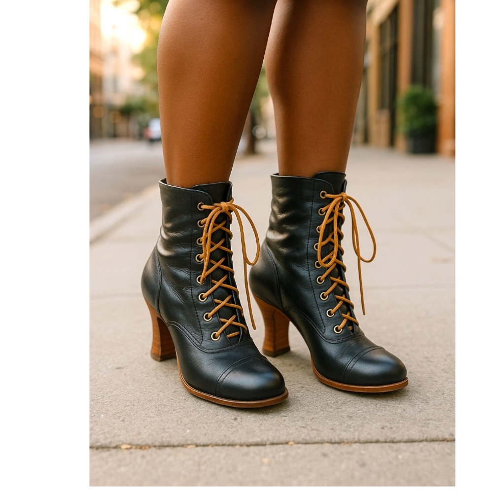 For all Mankind Ankle Boot Black Leather Lace Up‎ Vintage Boho Goth Witchy SZ 38